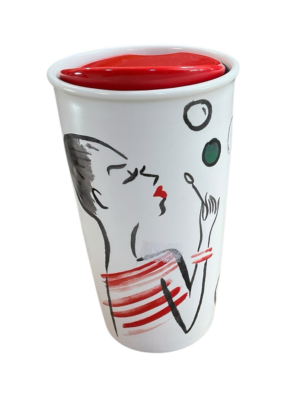 Starbucks 2015 Girl Blowing Bubbles Ceramic Travel Tumbler 12 oz Red Lid